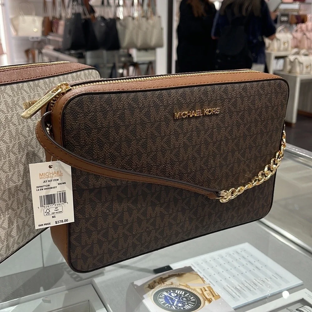Michael Kors Jet Set Item Large East West Zip Crossbody Brown Signature